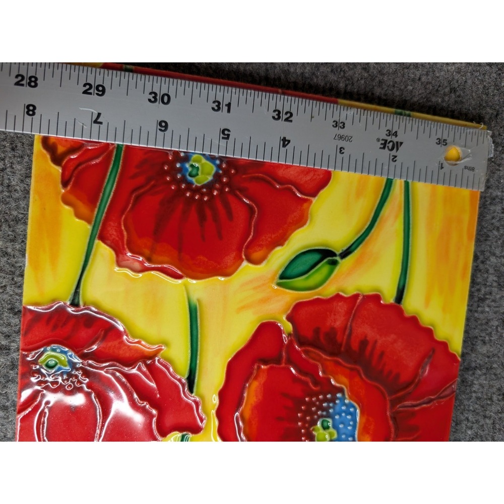 Vintage Ceramic Art Tile Poppies Hand Painted With Stand Vibrant Signed By PING - Picture 7 of 7